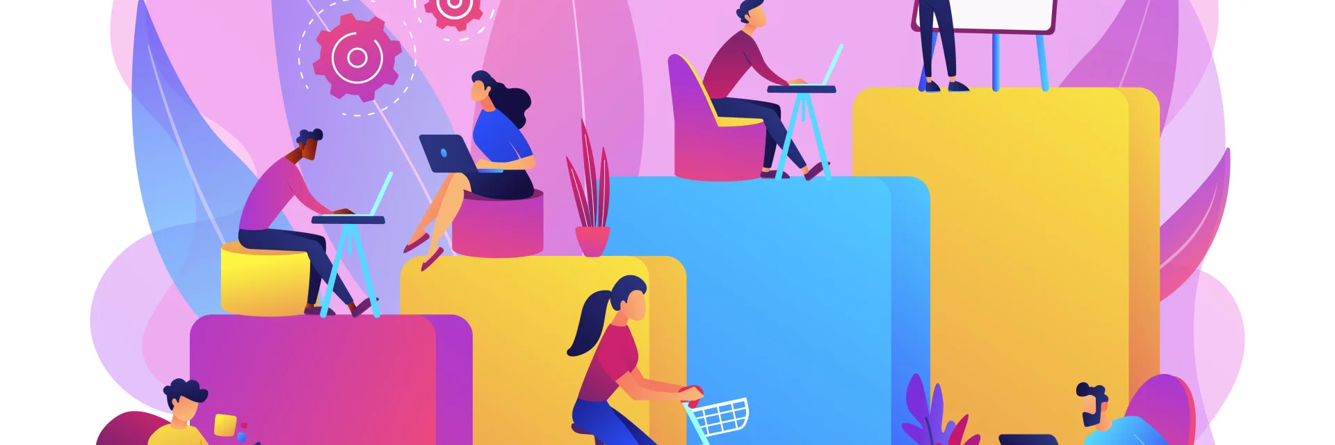 Office interior. People working in creative workspace on open space. Modern workplace, employee happiness, how to boost productivity concept. Bright vibrant violet vector isolated illustration